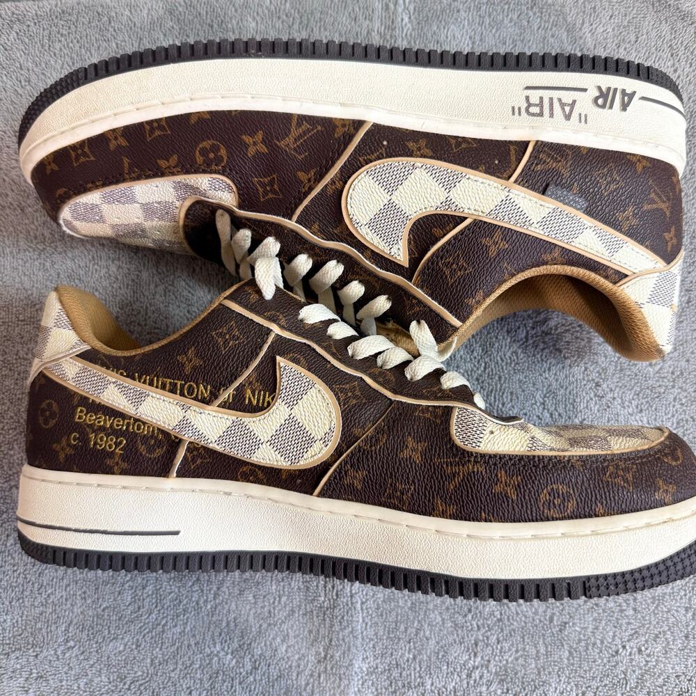 Custom Brown Monogram Checkered AF1 Style Low Top Sneakers Mens Size 12 Shoes